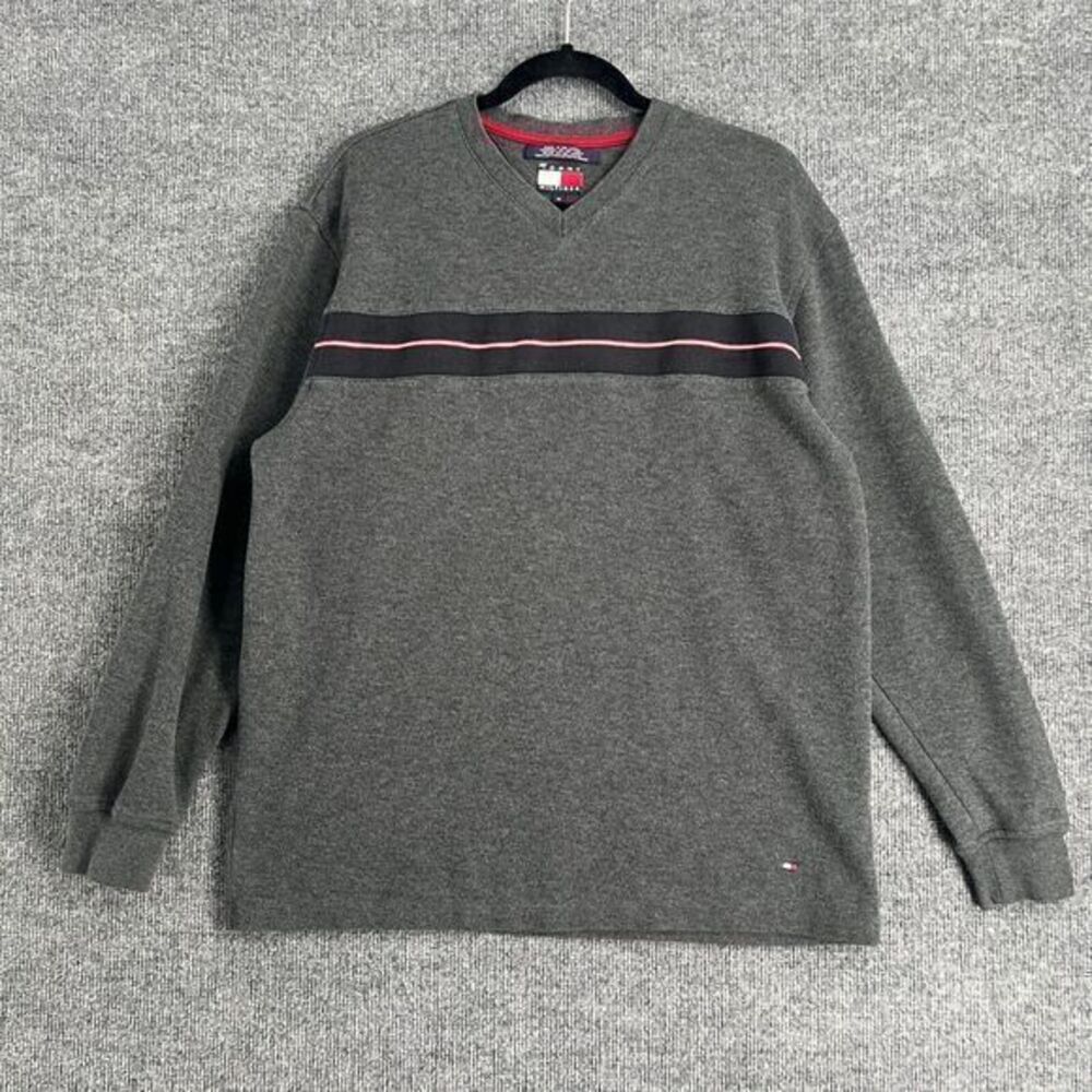 Vintage Tommy Hilfiger Y2K V Neck Sweater Mens Medium Gray Ribbed Jersey Knit